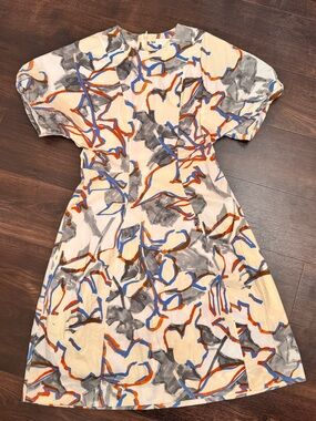 COS Cream Midi Dress with Blue, Orange & Gray Abstract Print